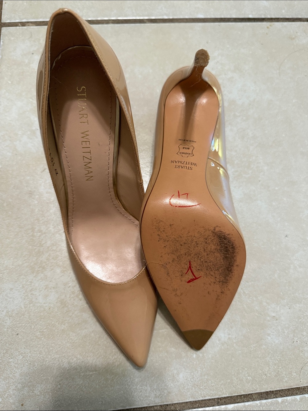 Stuart Weitzman Glossy Nude Pointed Toe Patent Pumps - Picture 4 of 6